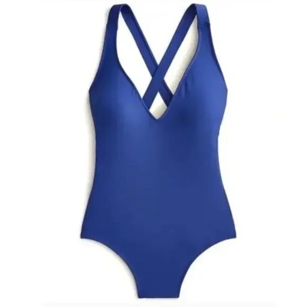 J. Crew Womens High Support Cross Back One Piece Swimsuit 10 Blue 2024 NEW